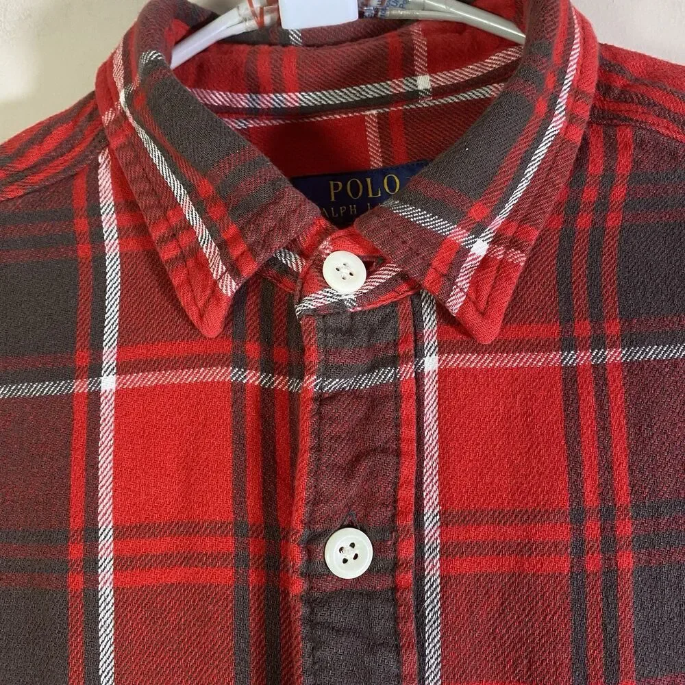 Polo Ralph Lauren Shirt Mens Large Red Plaid Flannel Classic Fit Pocket